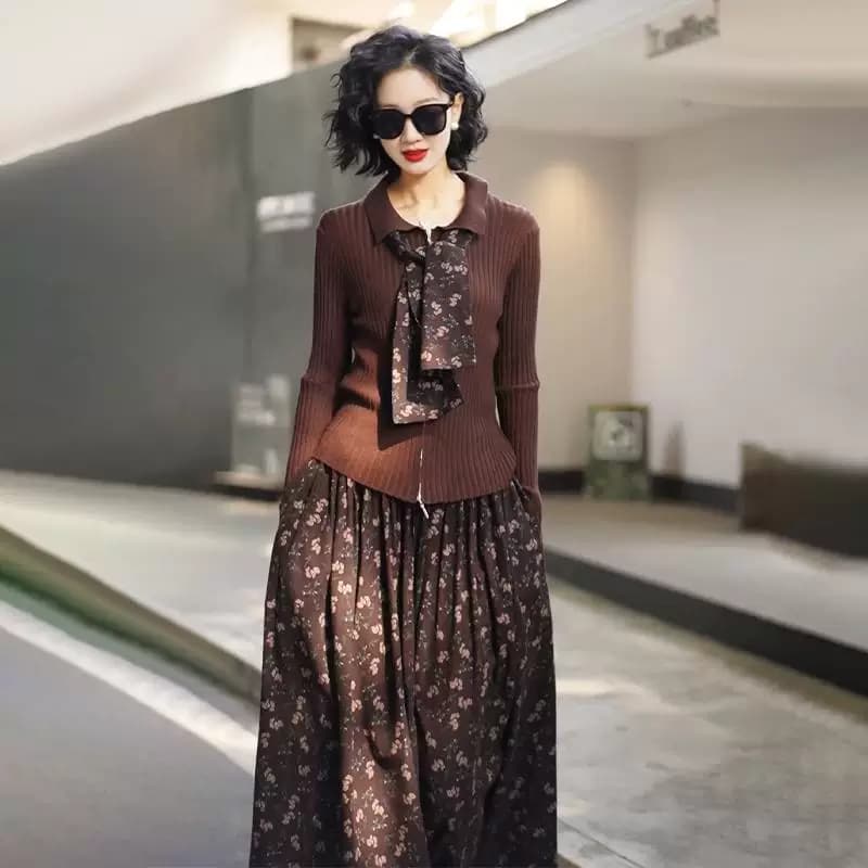 复古文艺小碎花时尚套装裙女2026春季新款咖色洋气减龄气质两件套 - 缩略图4