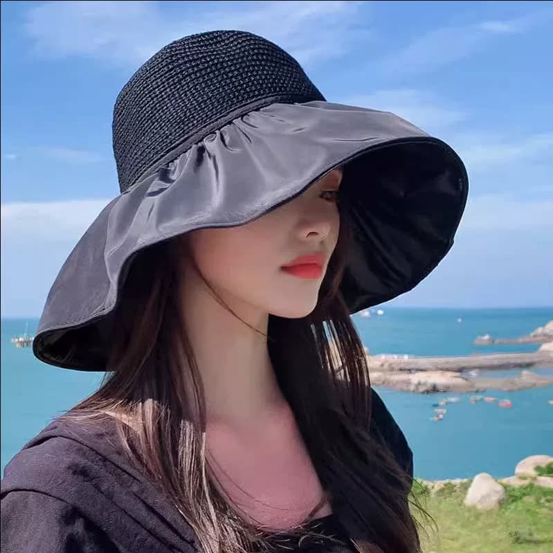 夏季防晒帽女防紫外线春秋新款黑胶遮阳帽大帽檐旅游渔夫帽 - 缩略图2