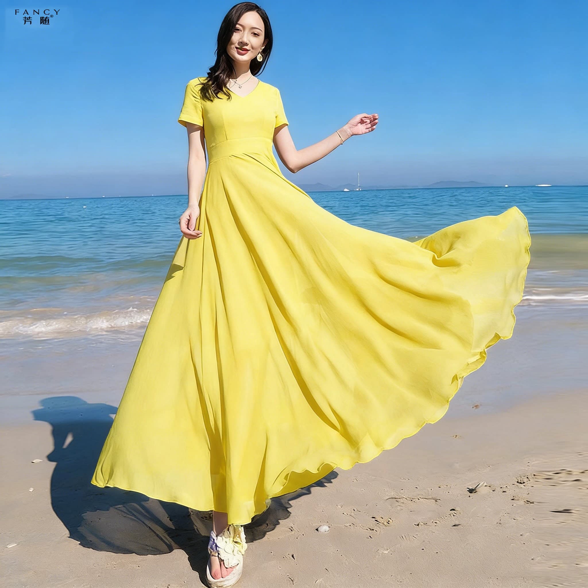 沙滩裙女夏季2026新款三亚海边度假超仙修身气质中长款雪纺连衣裙 - 缩略图3