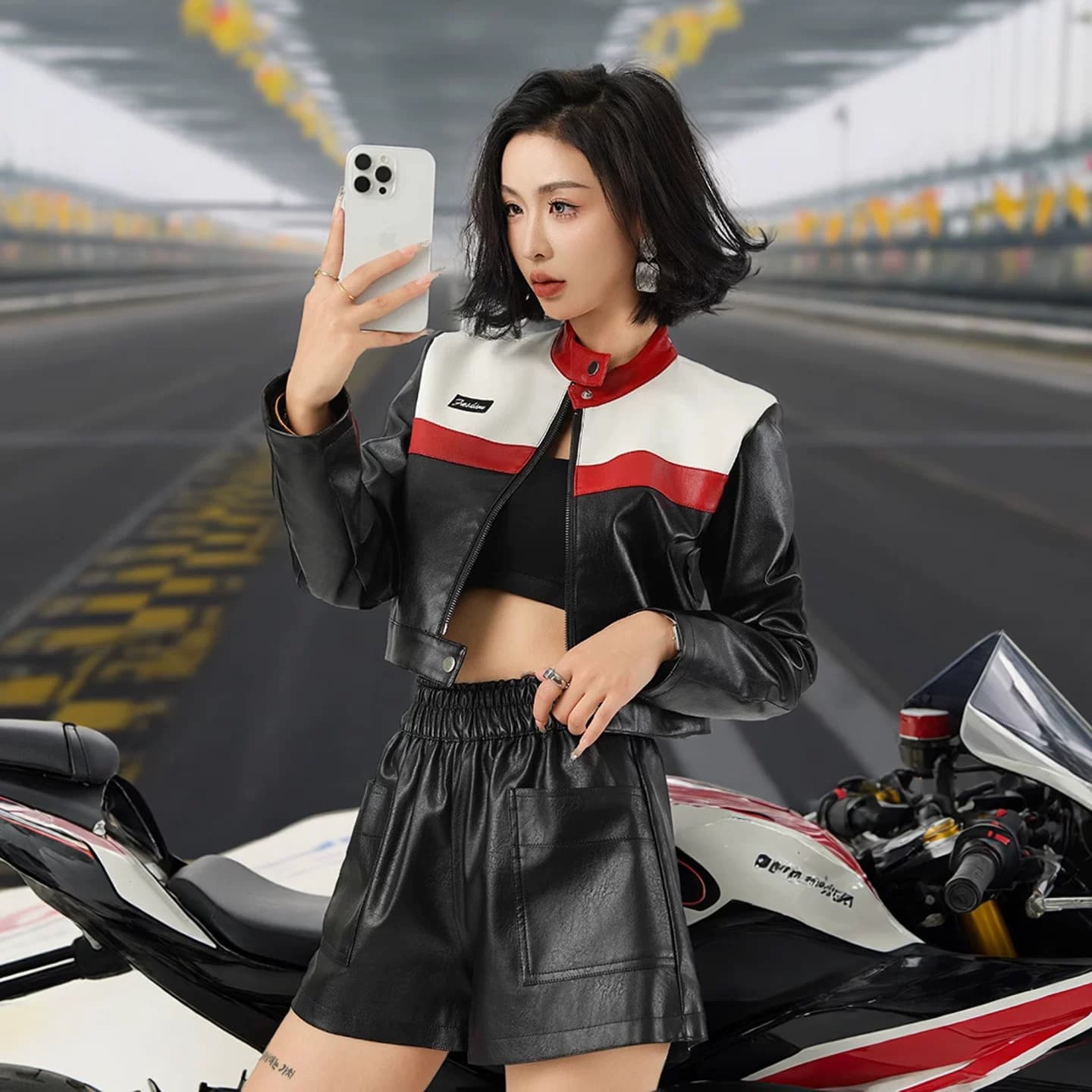 黑白撞色女款机车服皮衣短款夹克短外套收腰型拉链休闲上衣赛车服 - 缩略图2
