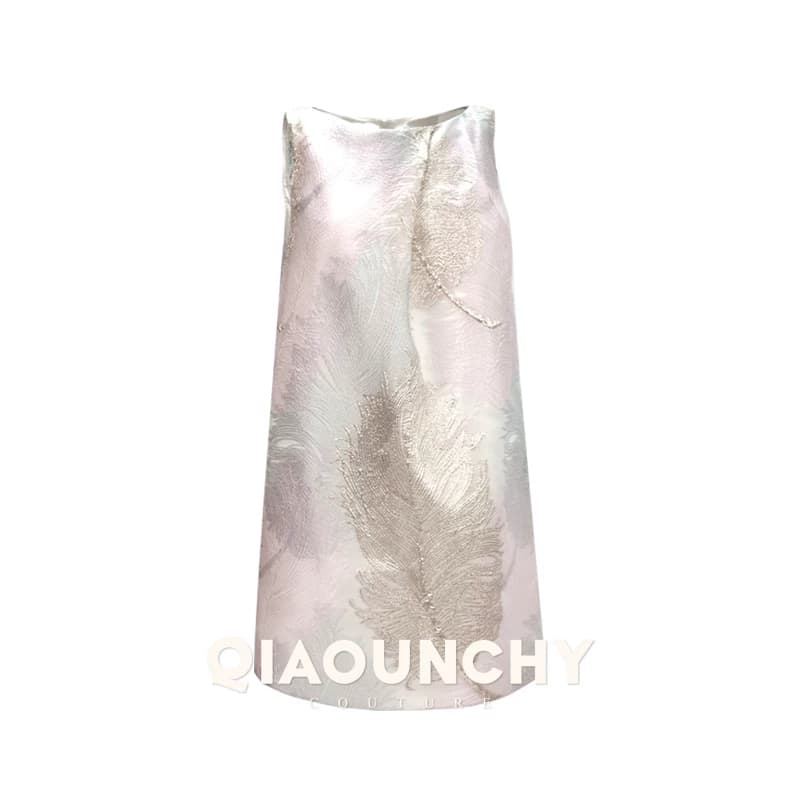 欧洲进口提花料 QIAOUNCHY俏云曦｜金粉色羽毛提花圆领阔褶连衣裙 - 缩略图5