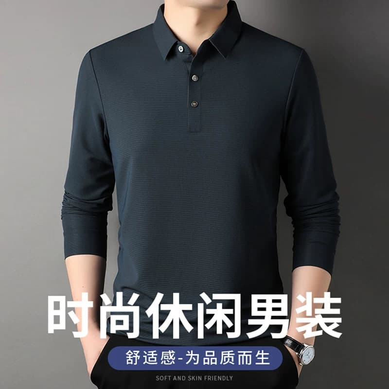 罗蒙长袖T恤男士华夫格纯色polo衫商务休闲弹力翻领打底衫上衣 - 缩略图5