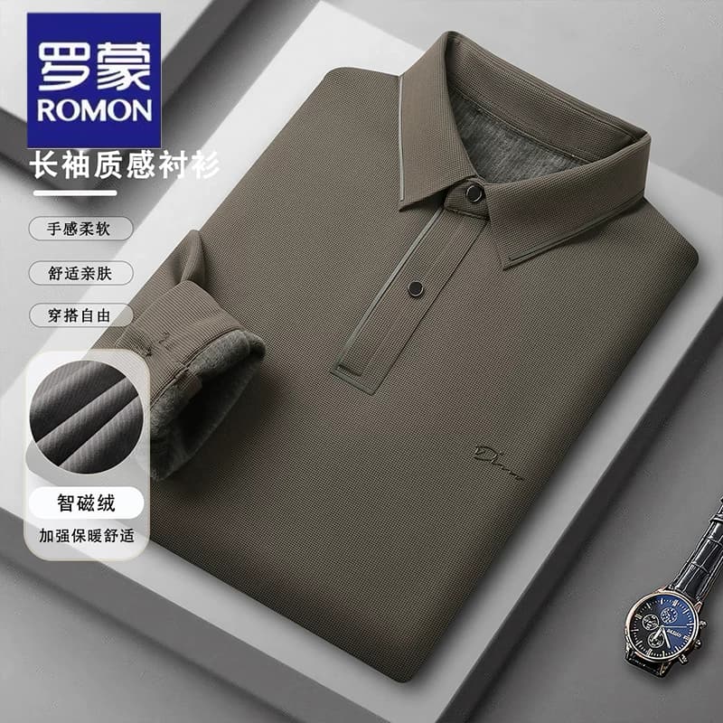 罗蒙加绒加厚polo长袖t恤男士秋冬季商务休闲亲肤保暖上衣打底衫 - 缩略图3