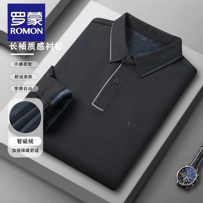 罗蒙加绒加厚polo长袖t恤男士秋冬季商务休闲亲肤保暖上衣打底衫 - 缩略图2