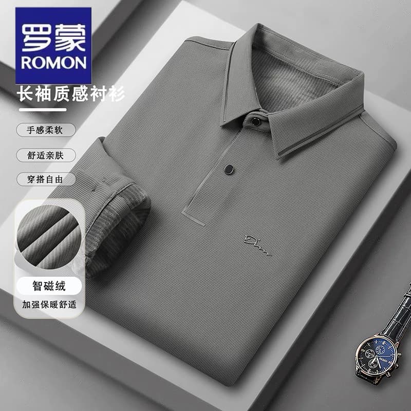 罗蒙加绒加厚polo长袖t恤男士秋冬季商务休闲亲肤保暖上衣打底衫 - 缩略图4