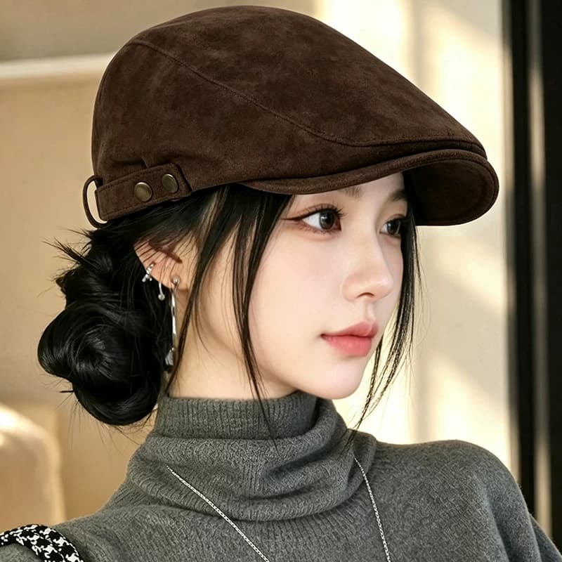美拉德麂皮绒贝雷帽女2026新款秋冬大头围反戴前进帽显脸小报童帽 - 缩略图3
