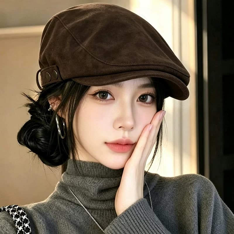 美拉德麂皮绒贝雷帽女2026新款秋冬大头围反戴前进帽显脸小报童帽 - 缩略图2