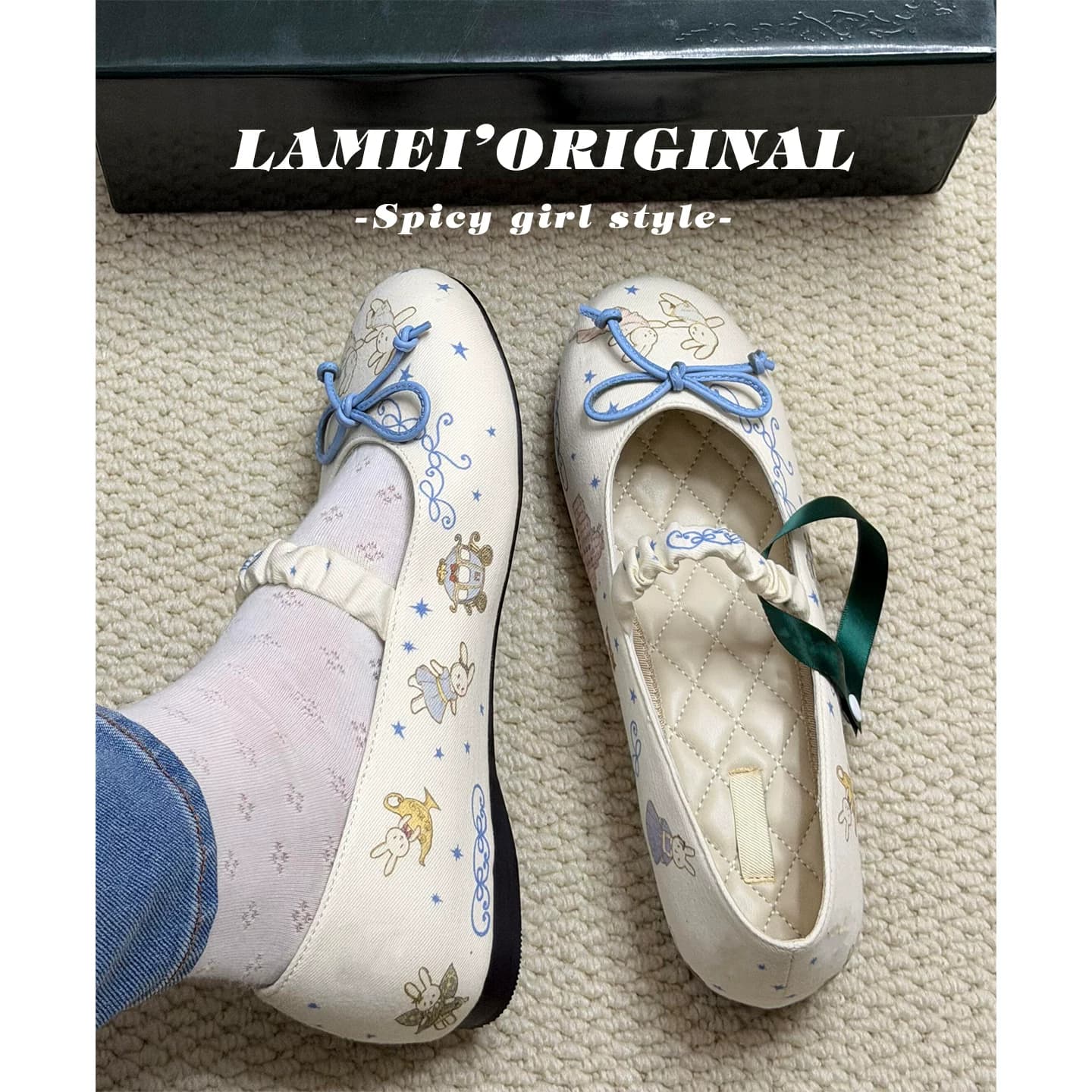 可爱兔兔刺绣平底芭蕾舞单鞋女2026秋季新款蓝色浅口圆头玛丽珍鞋 - 缩略图5