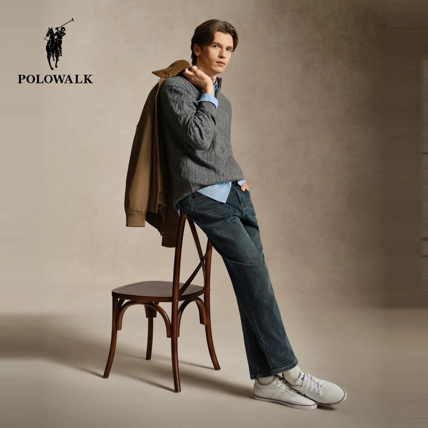 POLOWALK男式针织衫2026秋季新品绞花立领半拉链复古老钱风毛衣 - 缩略图5