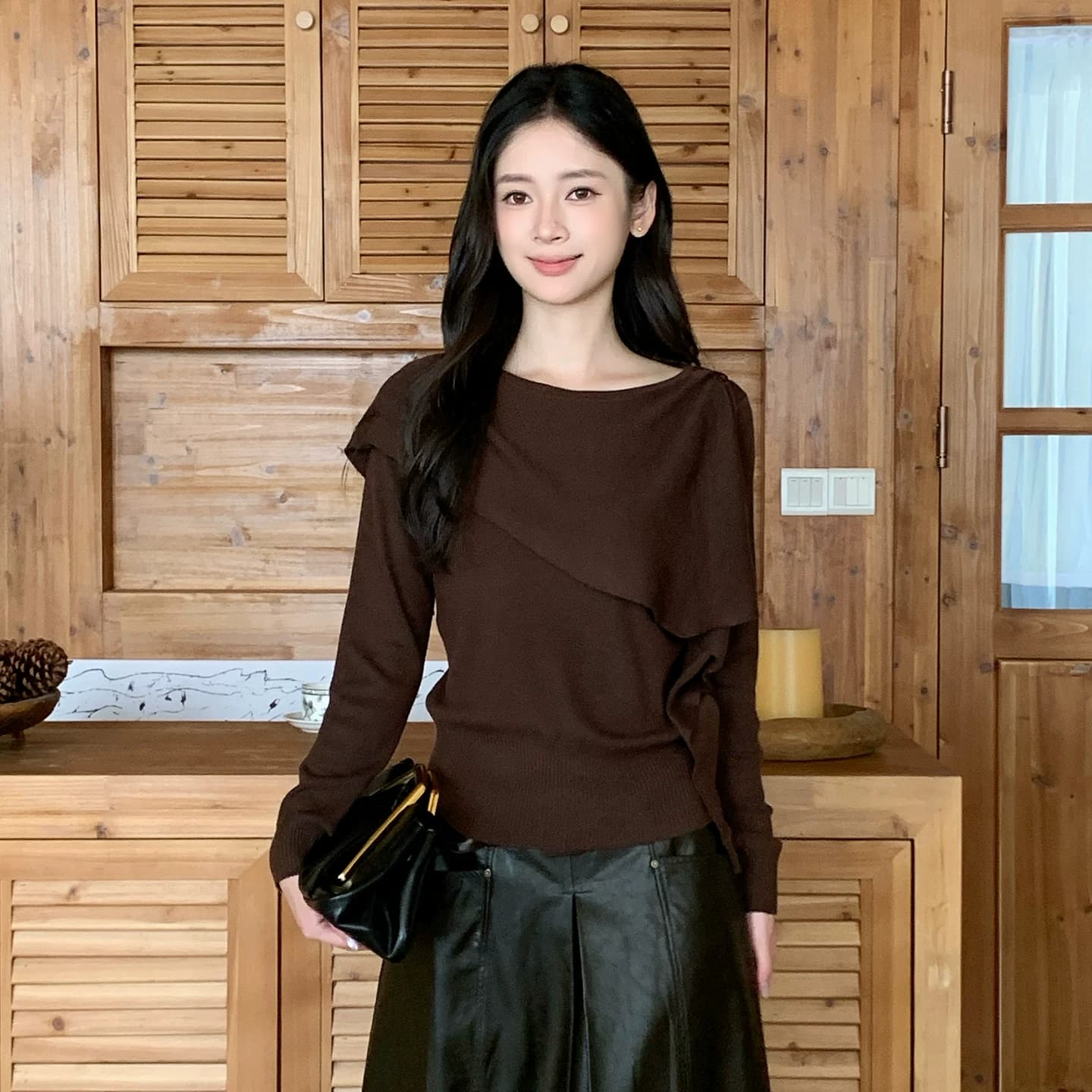makeART假两件披肩斜肩针织衫女早秋一字肩收腰毛衣设计感上衣女 - 缩略图4
