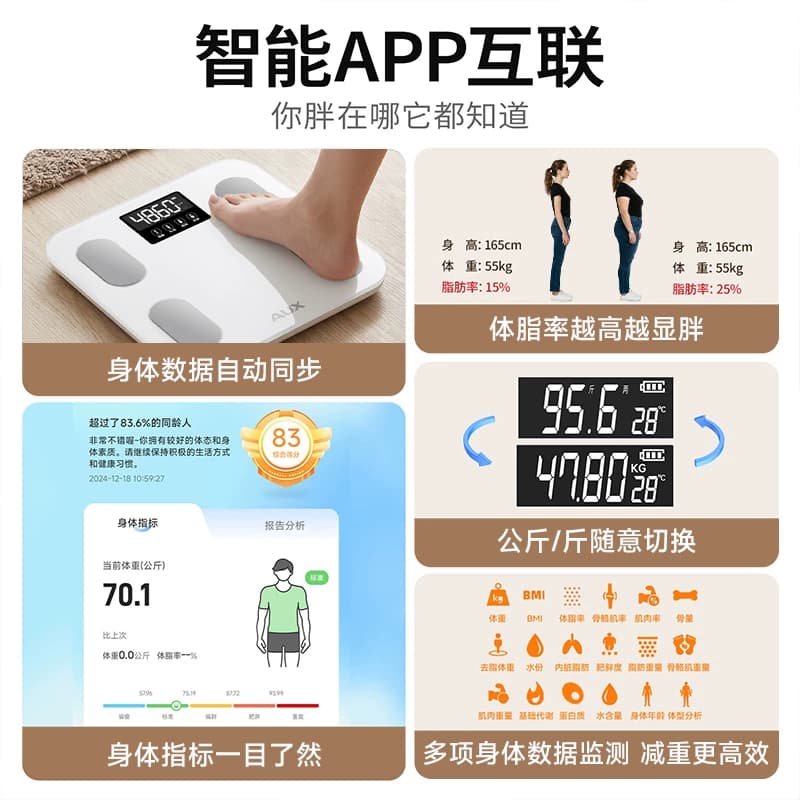 奥克斯家用智能体重秤精准体脂秤减肥电子秤人体小型充电款称重计 - 缩略图4