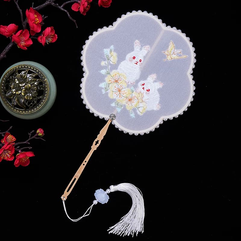 团扇古风扇子儿童夏天半透明古装汉服旗袍刺绣长柄流苏舞蹈扇宫扇 - 缩略图2