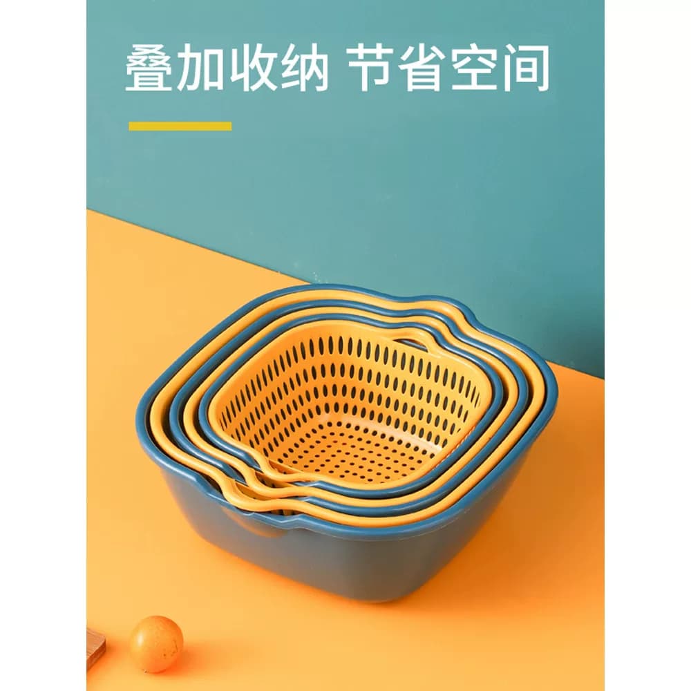 【6件套】洗菜盆沥水篮塑料洗菜篓双层方形洗菜筐子洗水果盘客厅 - 缩略图2