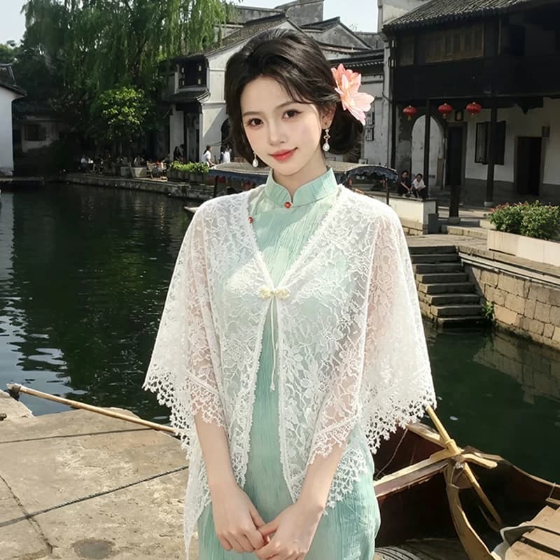 配旗袍披肩女外搭开衫2026新款夏薄款流苏云肩蕾丝新中式外披斗篷 - 缩略图2