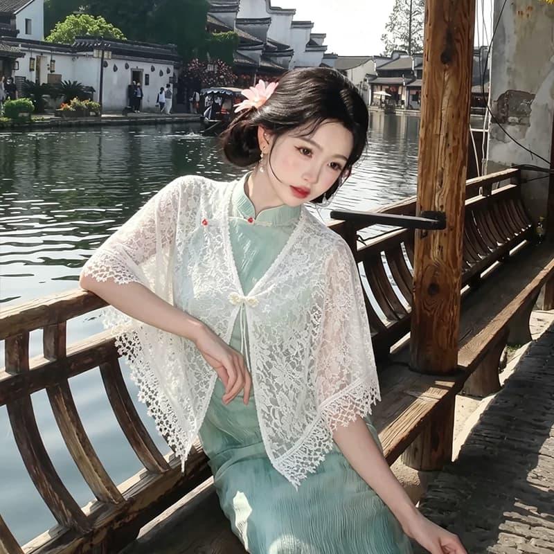 配旗袍披肩女外搭开衫2026新款夏薄款流苏云肩蕾丝新中式外披斗篷 - 缩略图3