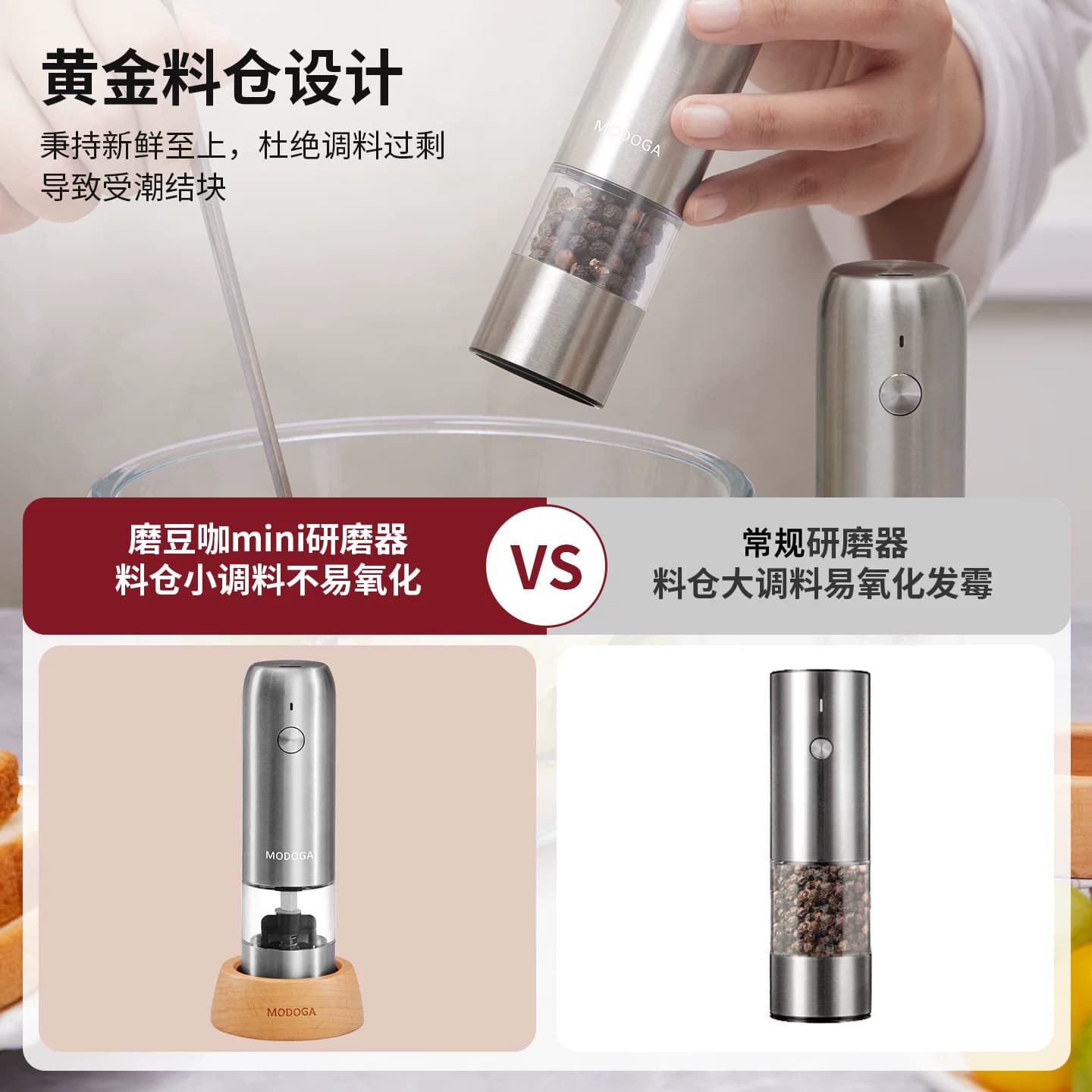 modoga电动黑胡椒海盐研磨器调料罐亚麻厨房家用自动不锈钢调料瓶 - 缩略图3