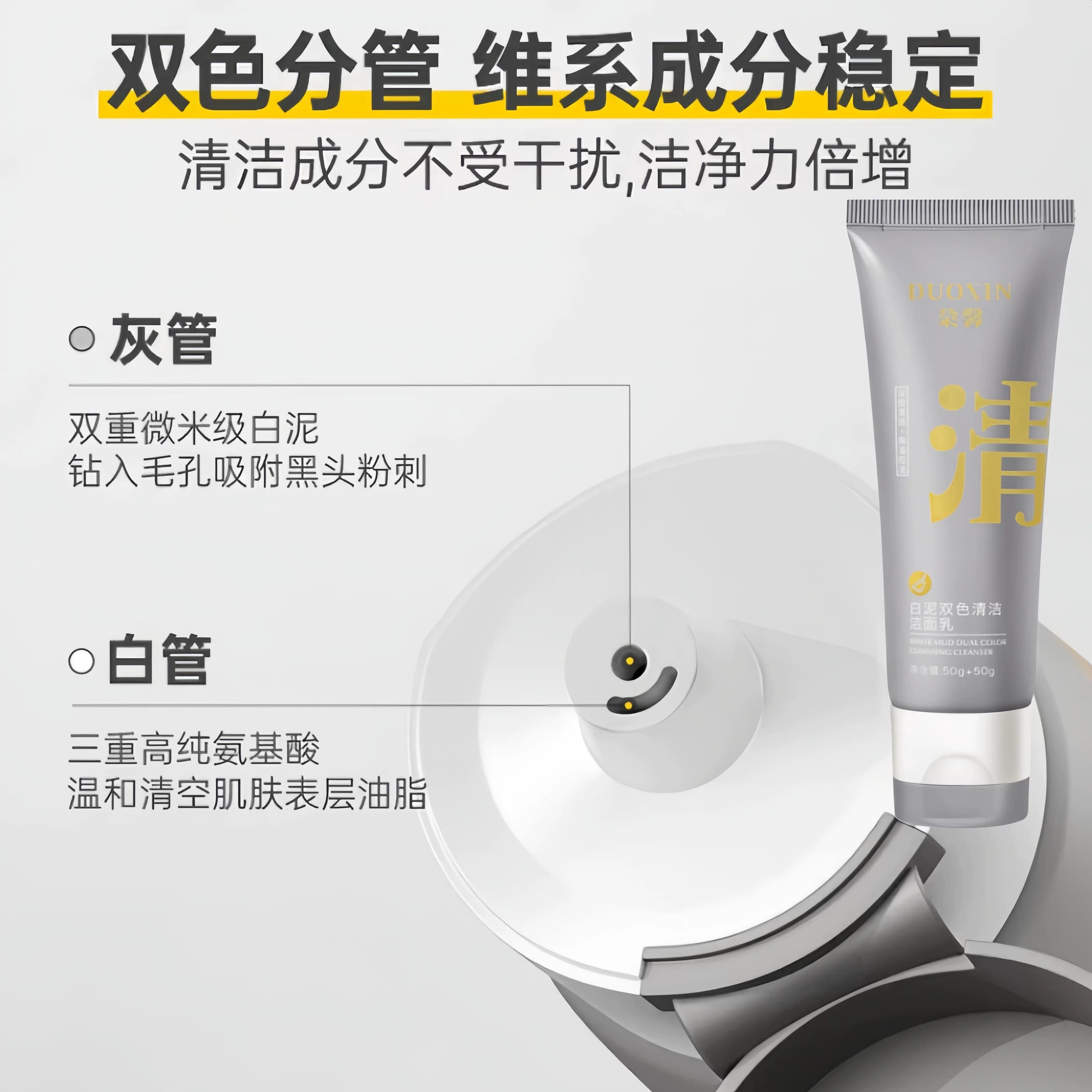 氨基酸白泥双管洁面乳控油洗卸合一深层清洁毛孔祛黑头洗面奶A - 缩略图4