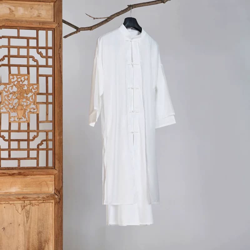 春夏薄长衫中式风纯色透气仙气汉服古风中长款禅修居士服茶服道袍 - 缩略图2