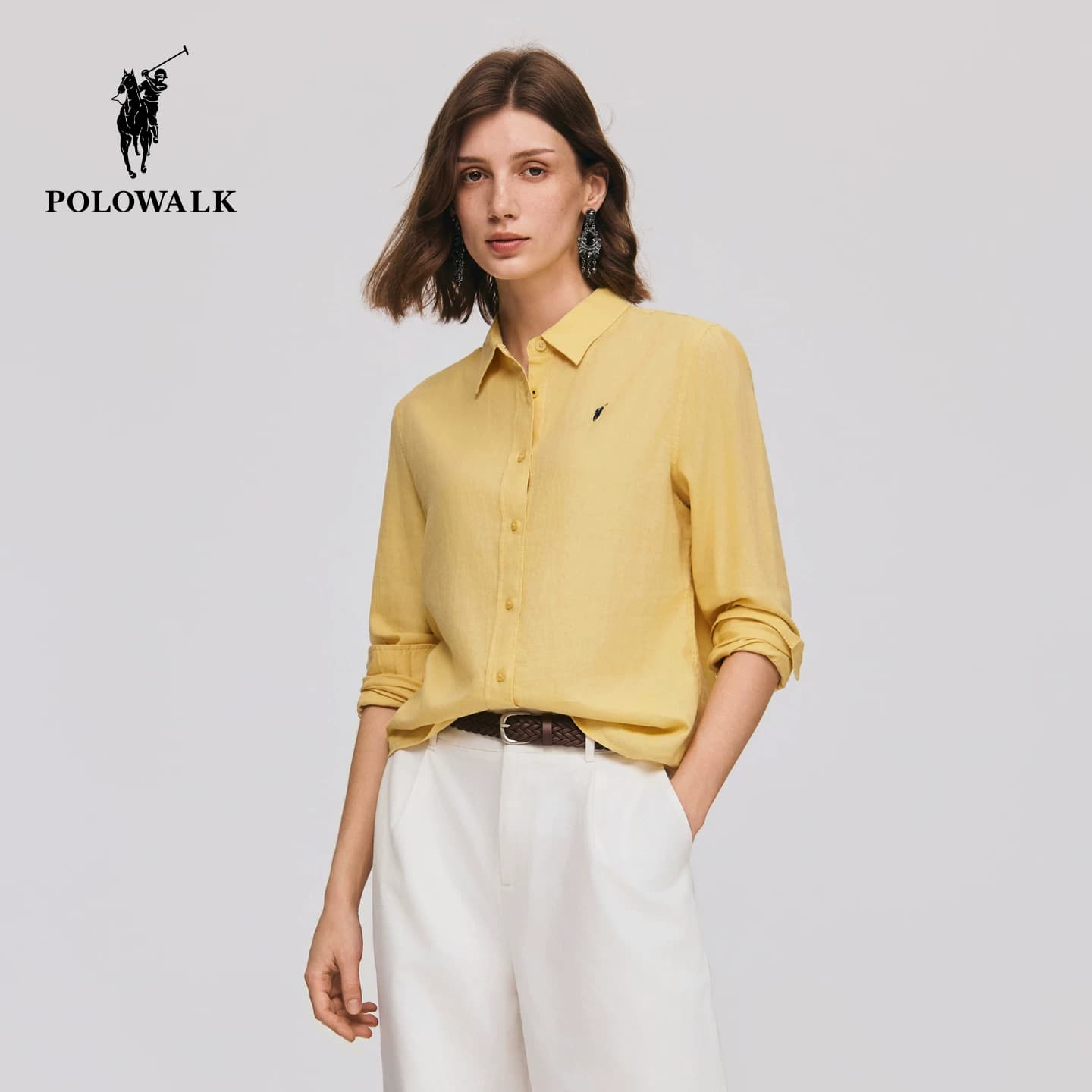 POLOWALK女士长袖衬衫2026秋季新款经典翻领简约百搭亚麻混纺衬衫 - 缩略图2