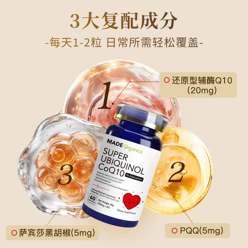 原装进口MadeOrganics辅酶Q10+PQQ中老年养护心脏60粒/瓶【临期】 - 缩略图3