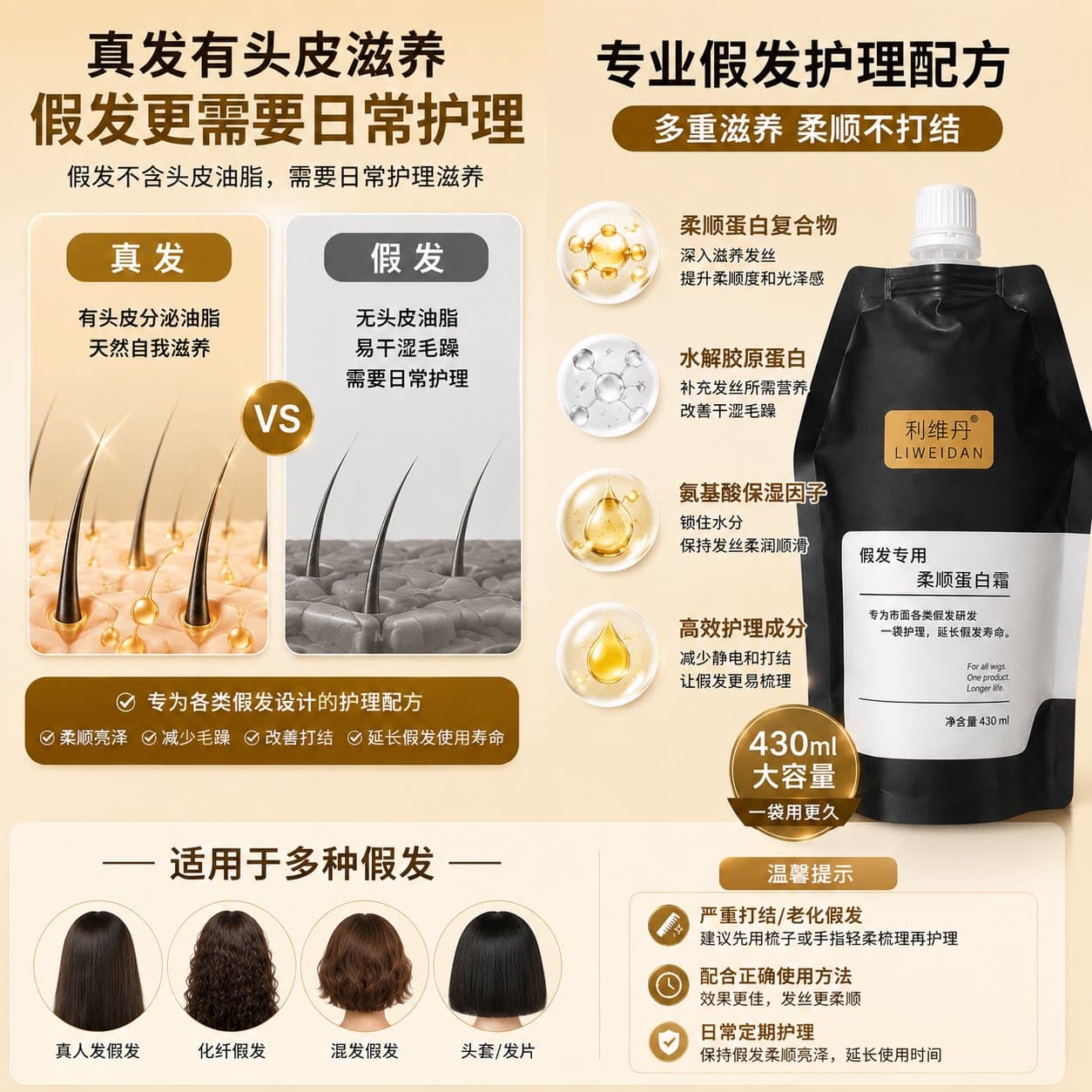 利维丹假发专用柔顺蛋白霜430ml 假发护理液防毛躁打结顺滑易梳 - 缩略图4
