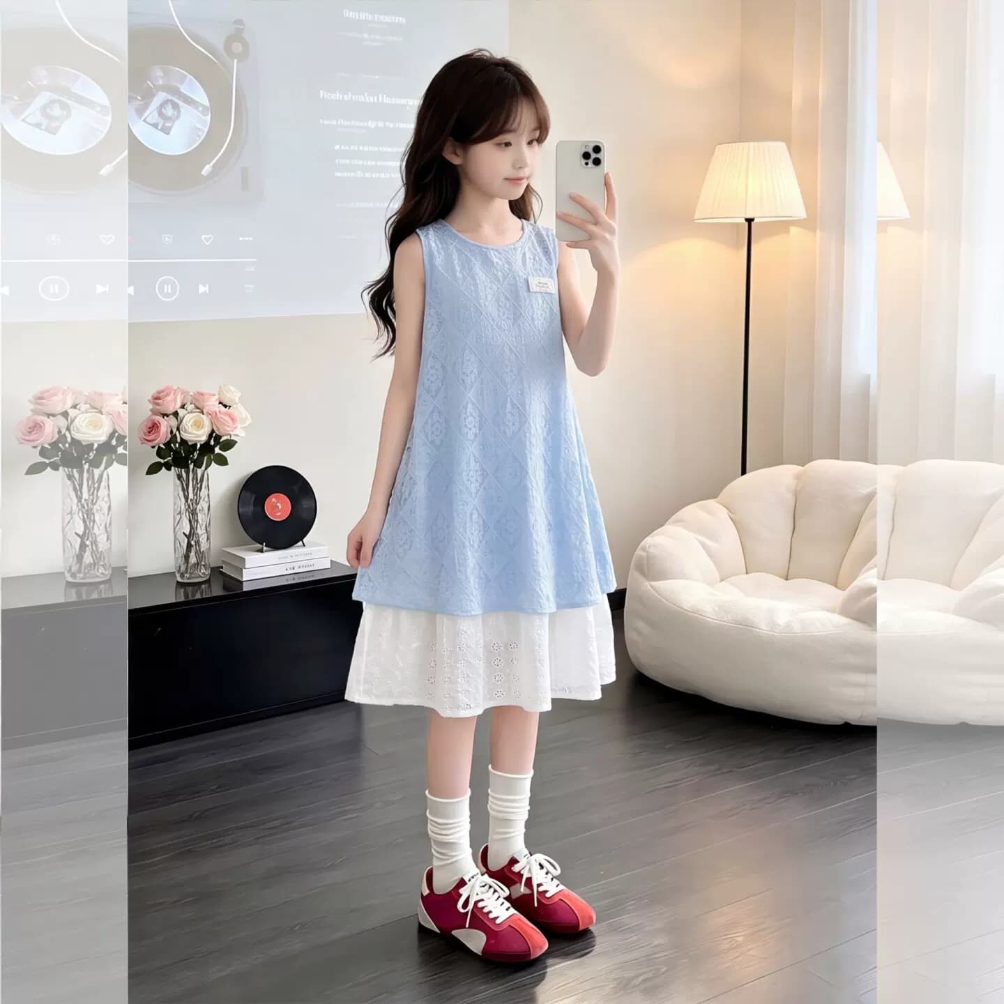 女童假两件蕾丝连衣裙夏装2026新款洋气甜美度假风无袖中长背心裙 - 缩略图4