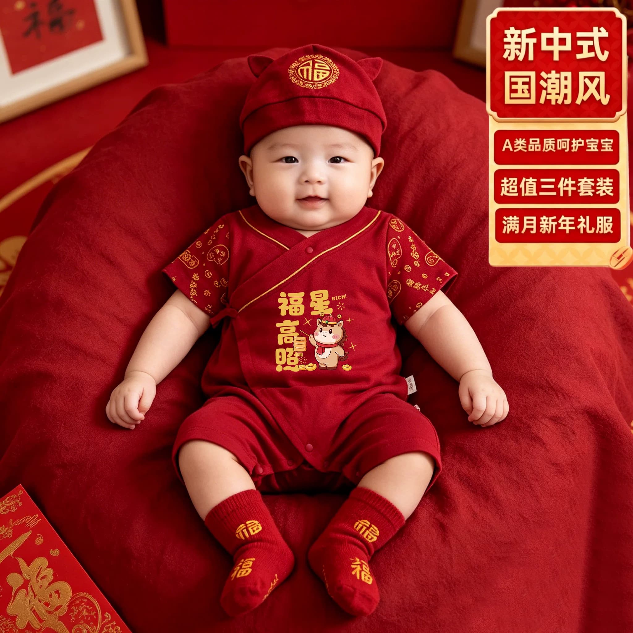 新中式国潮风新生婴儿连身衣红色三件套宝宝满月爬服百天新年礼服 - 缩略图5