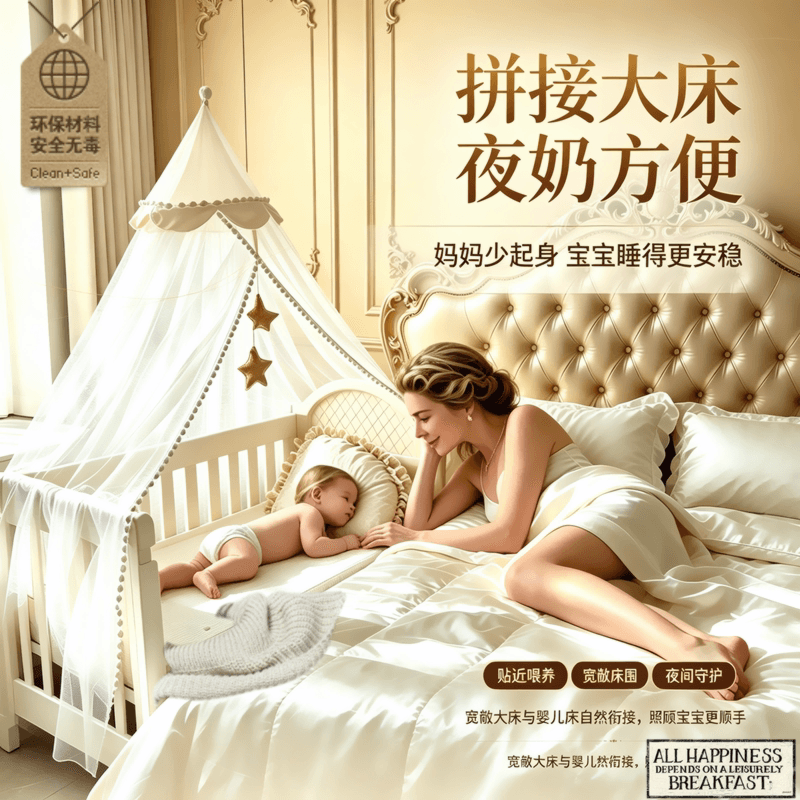 新款0甲醛婴儿床拼接床多功能尿布台可移动可调节新生儿童床0到5 - 缩略图2