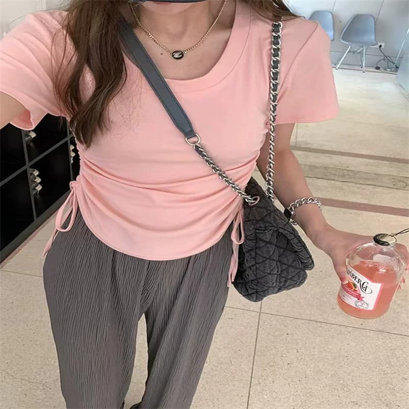 纯色短款T恤女短袖泡泡春夏季新款显瘦修身圆领抽绳打底小衫上衣 - 缩略图3