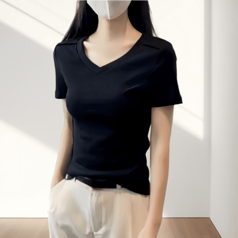 纯棉V领鱼骨正肩短袖t恤女春夏季2026新款修身打底衫内搭显瘦上衣 - 缩略图2