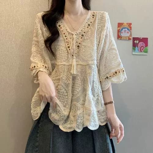 2025夏季新款波西米亚刺绣蕾丝上衣女薄款大码胖mm独特防晒衣罩衫 - 缩略图4