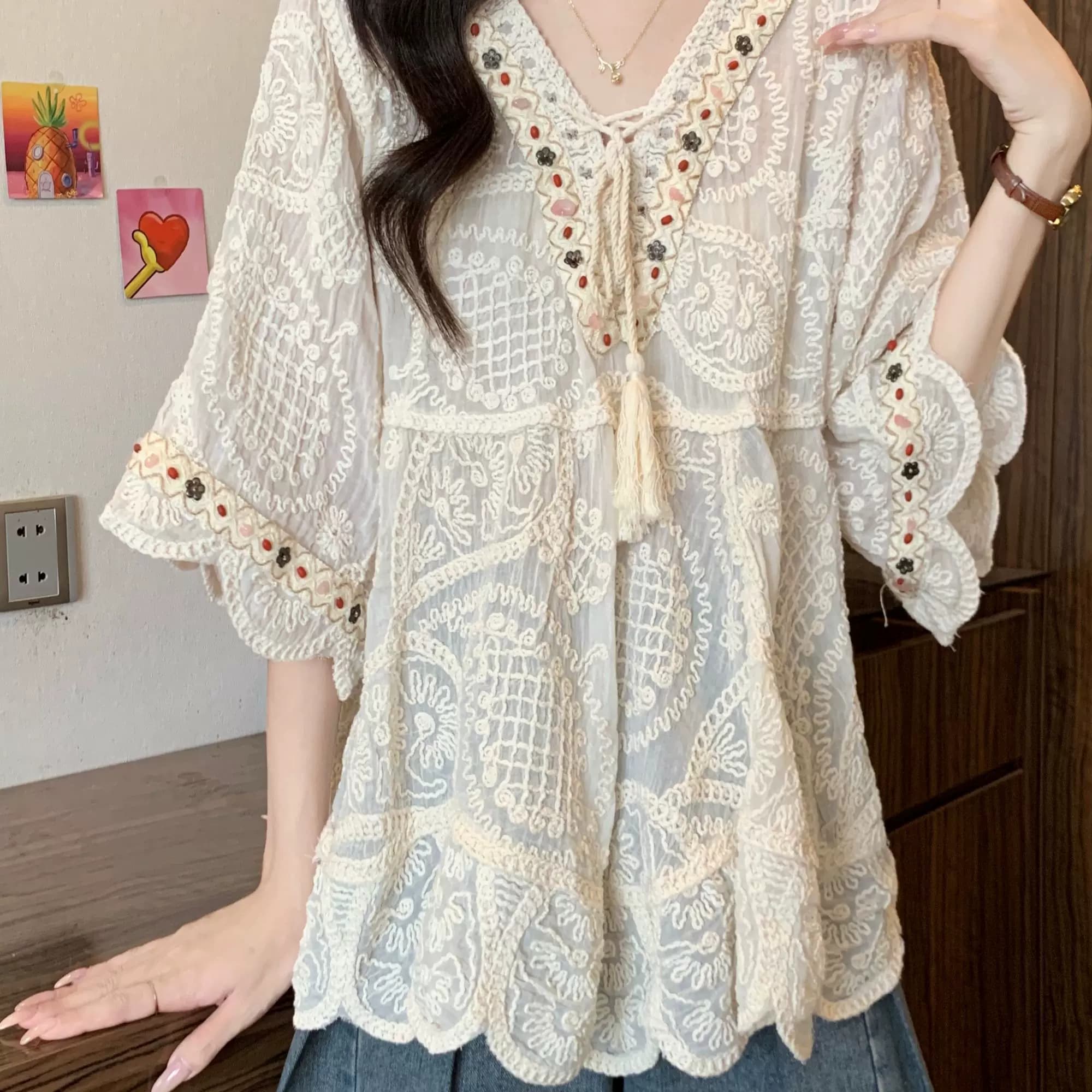 2025夏季新款波西米亚刺绣蕾丝上衣女薄款大码胖mm独特防晒衣罩衫 - 缩略图3