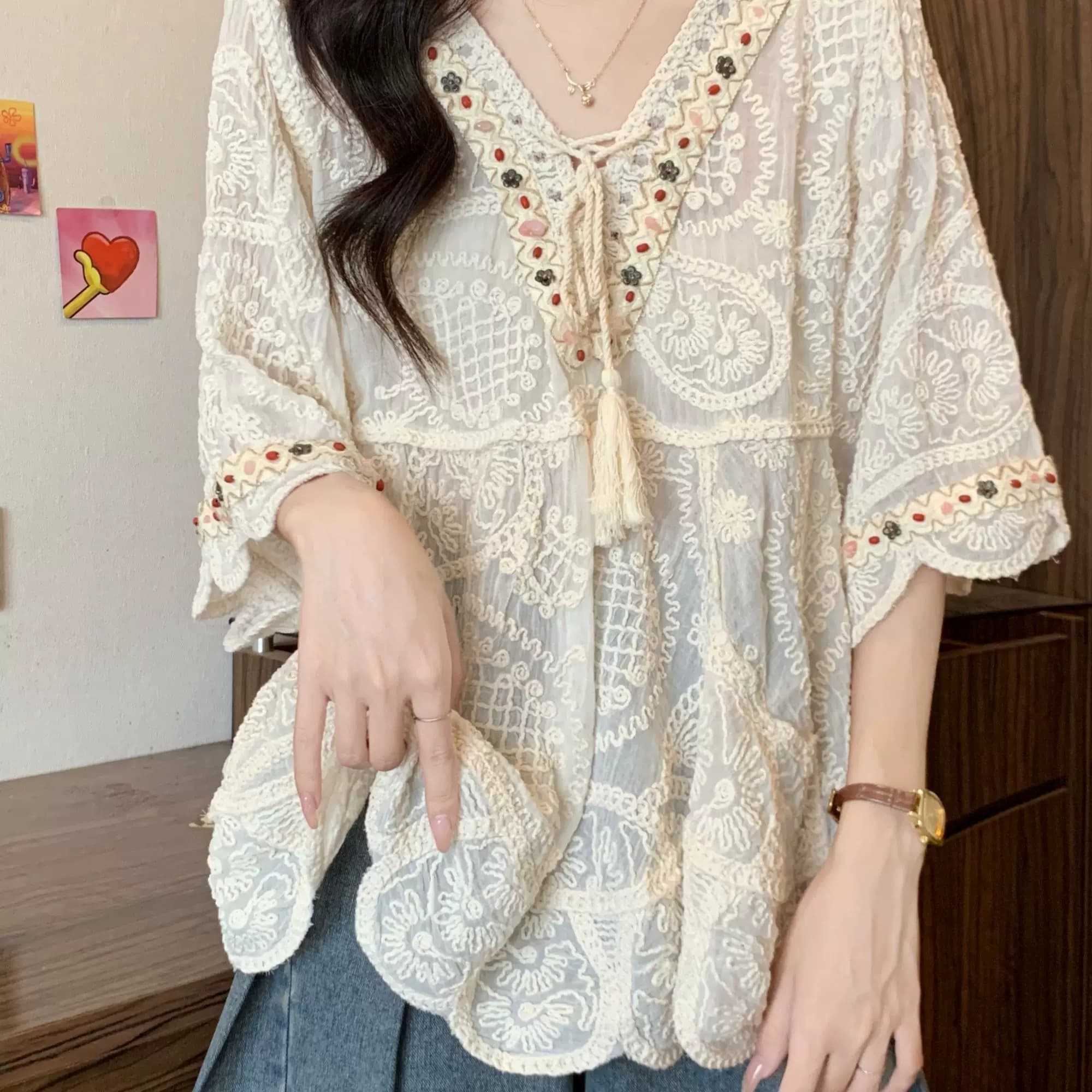 2025夏季新款波西米亚刺绣蕾丝上衣女薄款大码胖mm独特防晒衣罩衫 - 缩略图2
