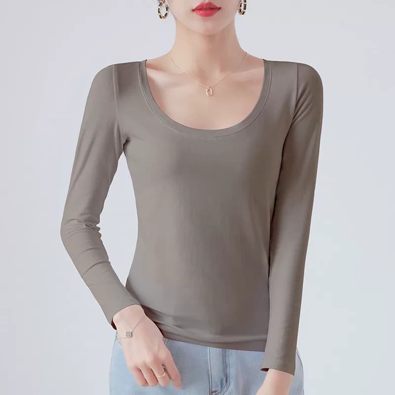 黑色打底衫女长袖秋冬圆领内搭紧身秋衣上衣加绒春季修身纯棉T恤 - 缩略图3