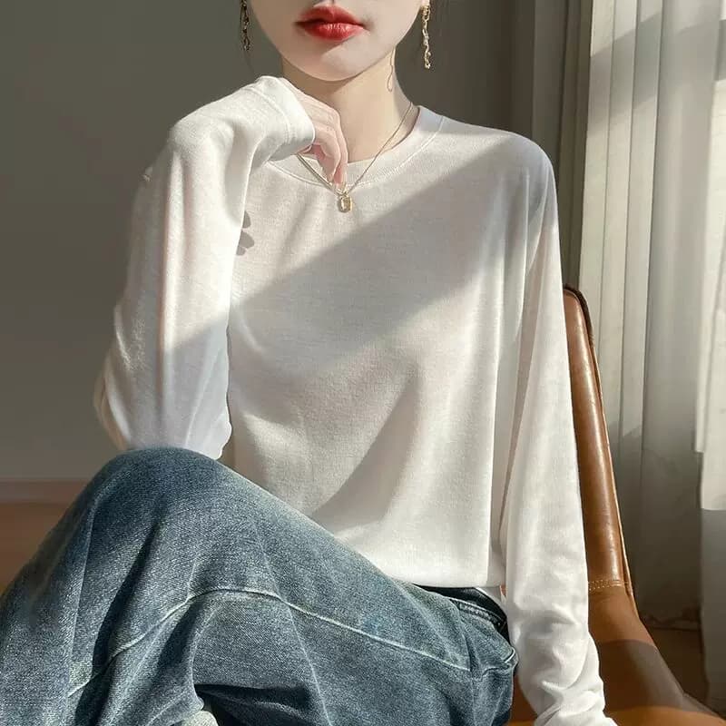 春夏薄精纺莱赛尔天丝短袖t恤女宽松圆领针织毛衣长袖打底衫上衣 - 缩略图3