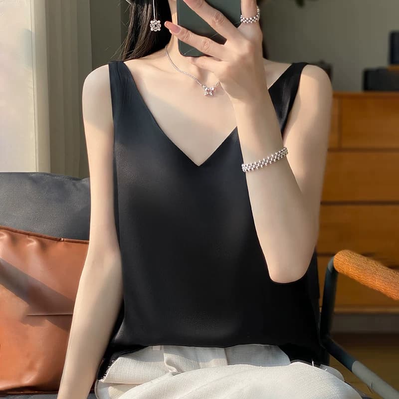 真丝吊带背心女内搭西装夏季纯色打底衫缎面仿桑蚕丝醋酸V领上衣 - 缩略图5