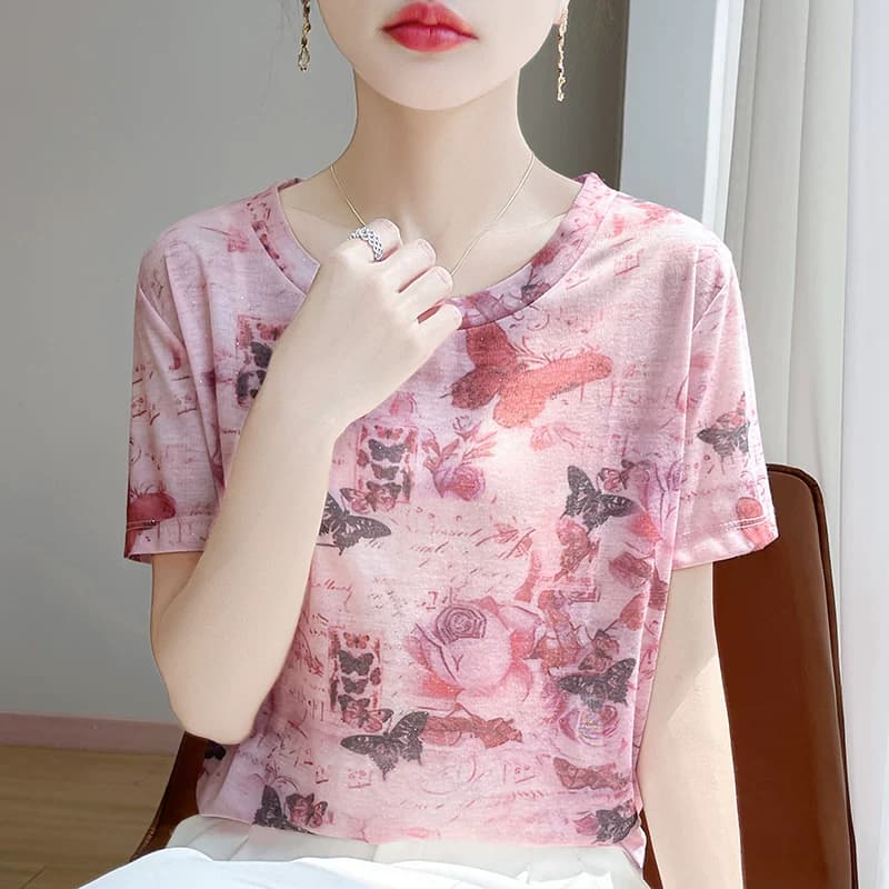 设计感彩色墨画涂鸦短袖T恤女莱赛尔天丝宽松上衣圆领半袖针织衫 - 缩略图5