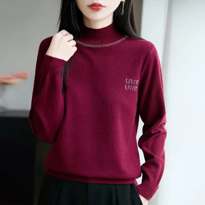 轻奢质感~半高领毛衫女烫钻毛衣内搭2026秋冬洋气长袖针织打底衫 - 缩略图2