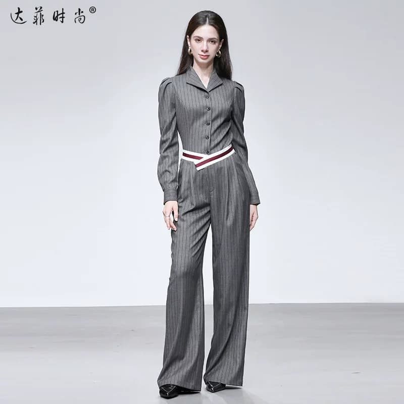 2026秋新款轻奢职业通勤撞色条纹收腰长袖外套+高腰阔腿长裤套装 - 缩略图2