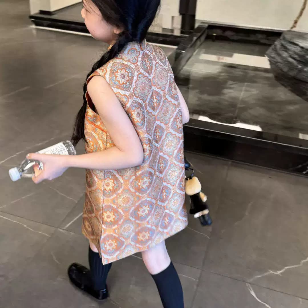 新中式女童背心连衣裙儿童宋锦提花立领盘扣旗袍裙女孩日常穿搭 - 缩略图4