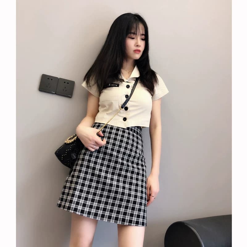 欧美高腰经典黑白格子a字半身裙防走光修身显瘦包臀裙短裙一步裙 - 缩略图3