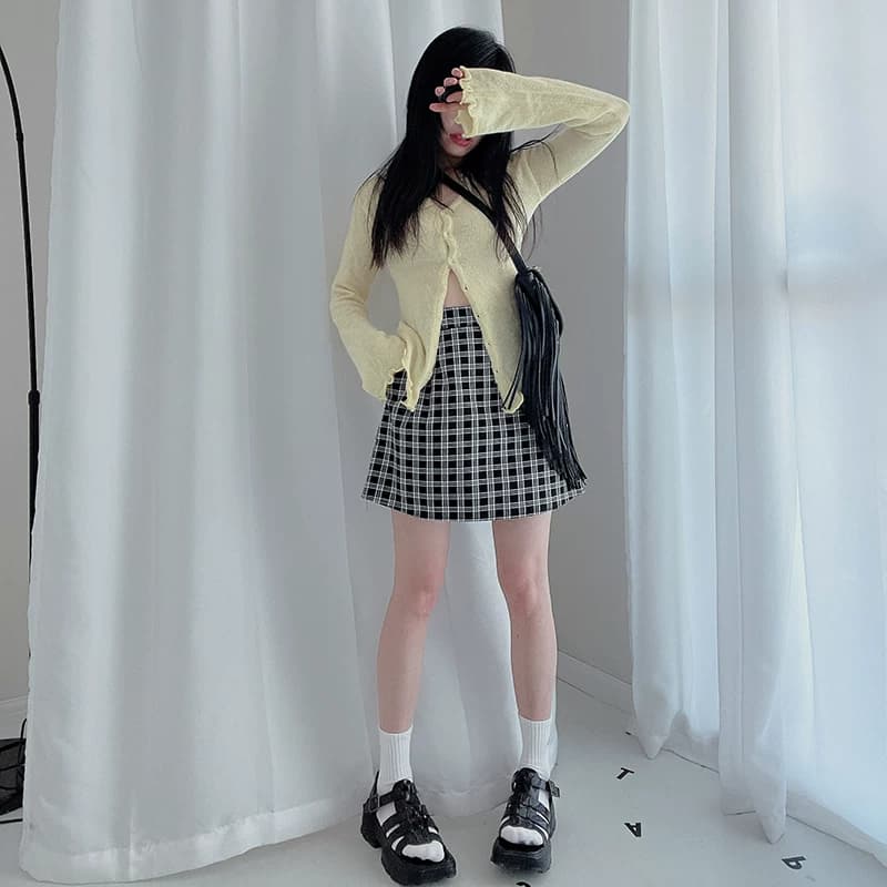 2025春季新款格子半身裙女大码高腰防走光松紧腰短裙学院风a字裙 - 缩略图3