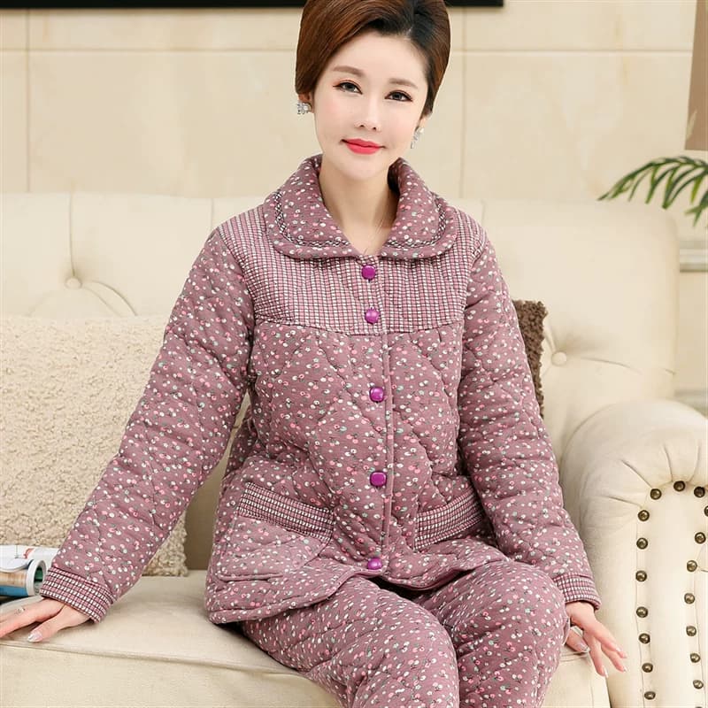 冬季中老年人妈妈睡衣女纯棉加厚三层夹棉袄秋冬加棉保暖全棉套装 - 缩略图5