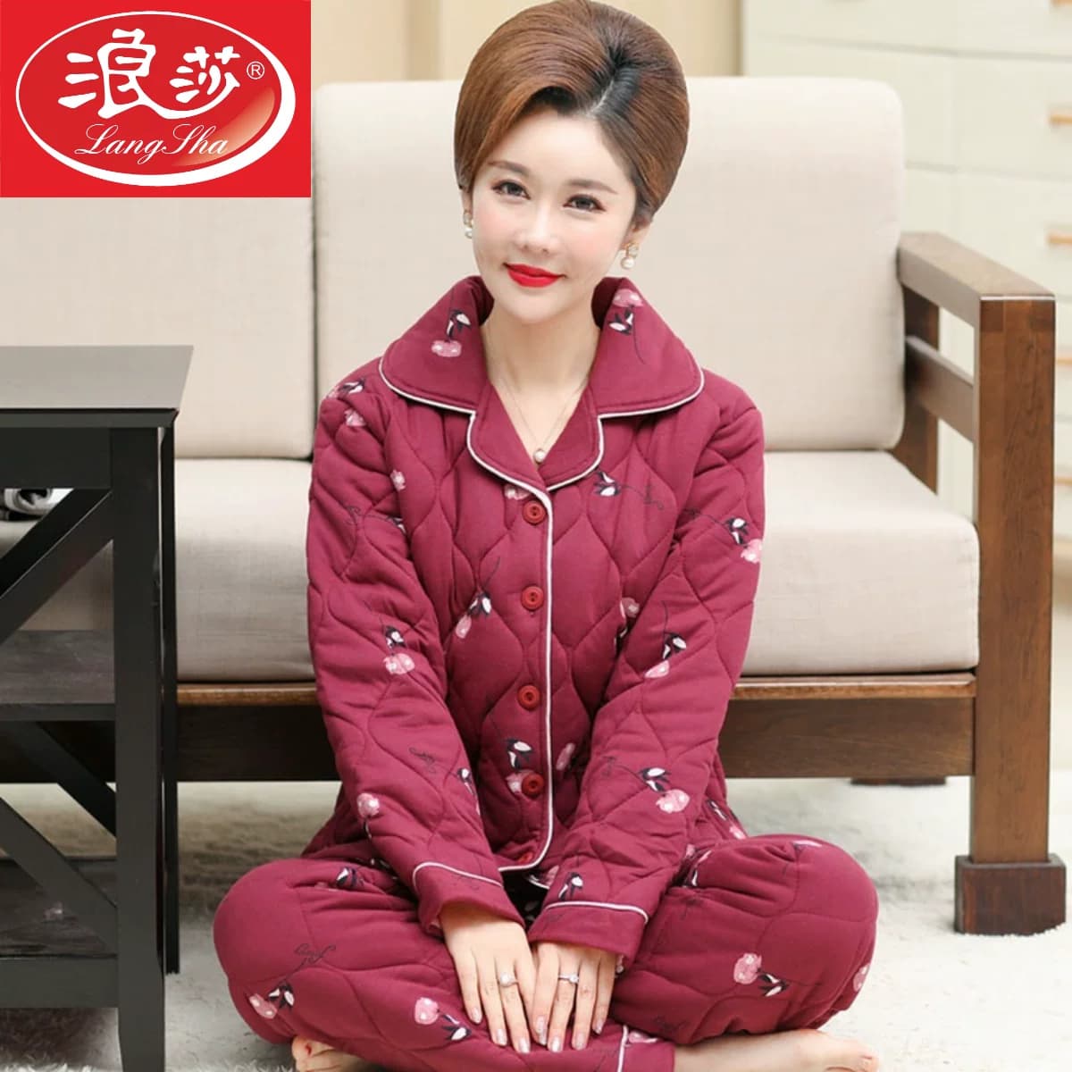 冬季中老年人妈妈睡衣女纯棉加厚三层夹棉袄秋冬加棉保暖全棉套装 - 缩略图3