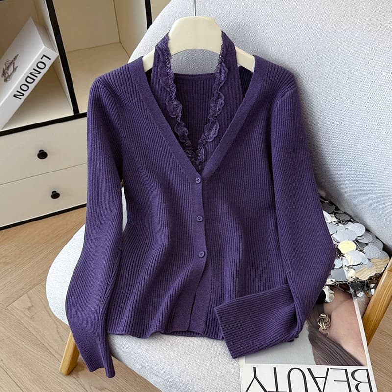 秋冬实拍长袖花边挂脖V领女排扣打底衫内搭假两件毛衣针织衫女装 - 缩略图2