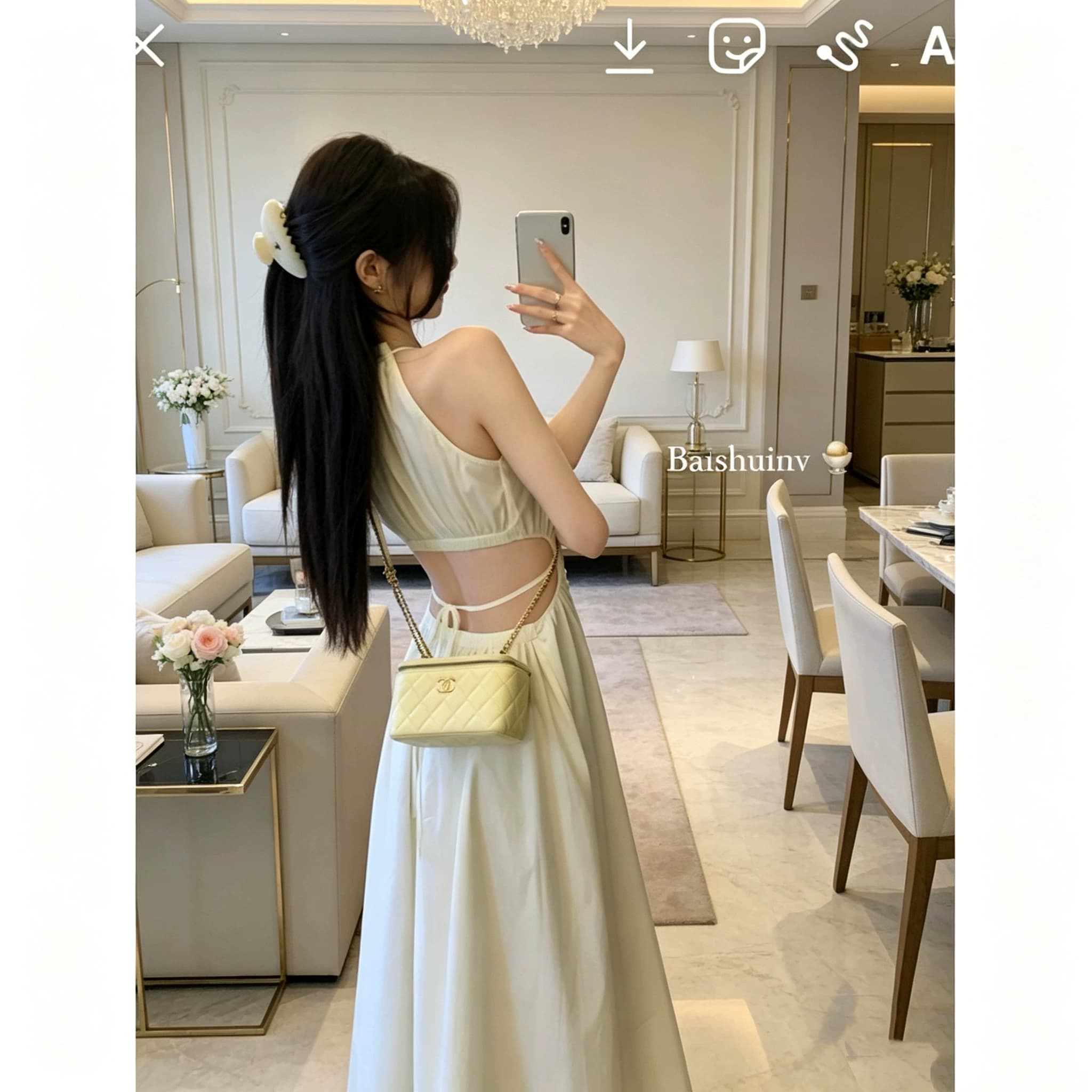 法式复古一片式挂脖连衣裙女2026夏季新款显瘦白月光露背蓝色裙子 - 缩略图4