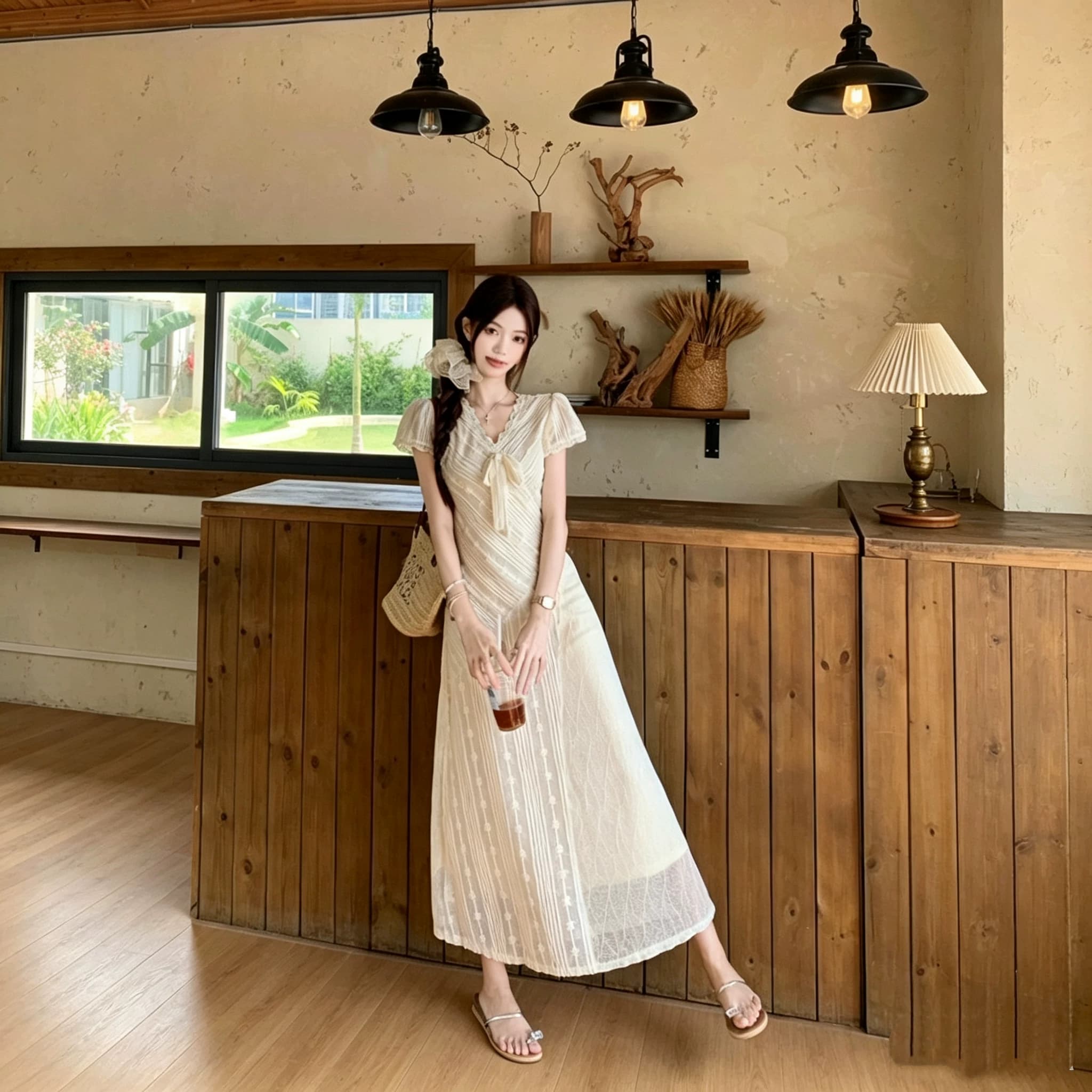 法式气质泡泡袖短袖连衣裙女夏季新款设计感时尚百搭修身显瘦长裙 - 缩略图3