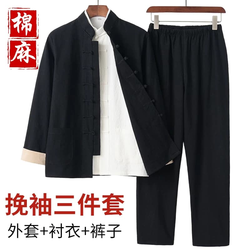中式棉麻唐装男长袖三件套装中国风男装亚麻汉服复古禅修居士服男 - 缩略图3