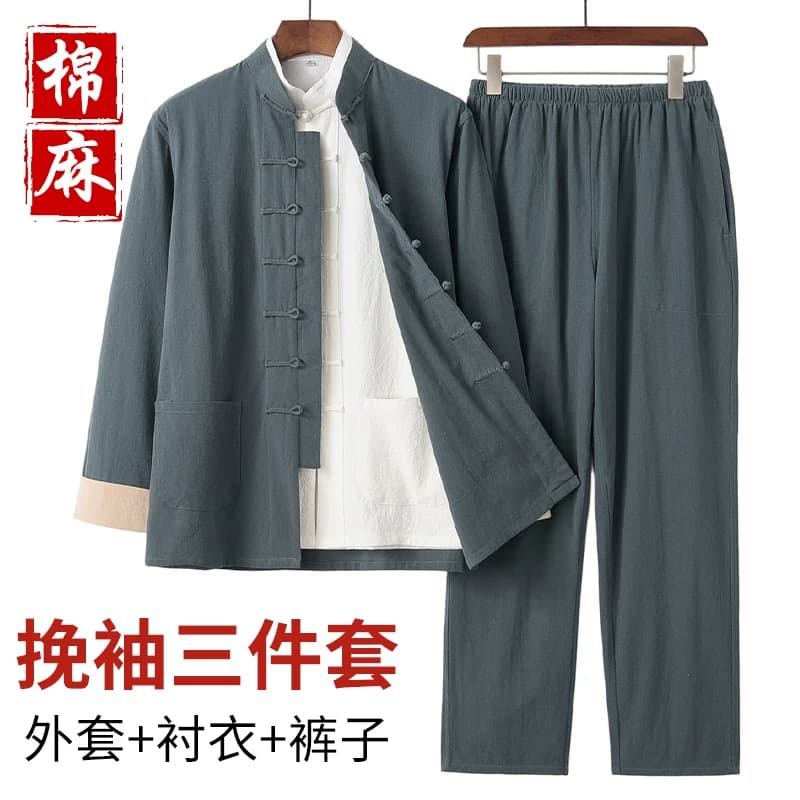 中式棉麻唐装男长袖三件套装中国风男装亚麻汉服复古禅修居士服男 - 缩略图2