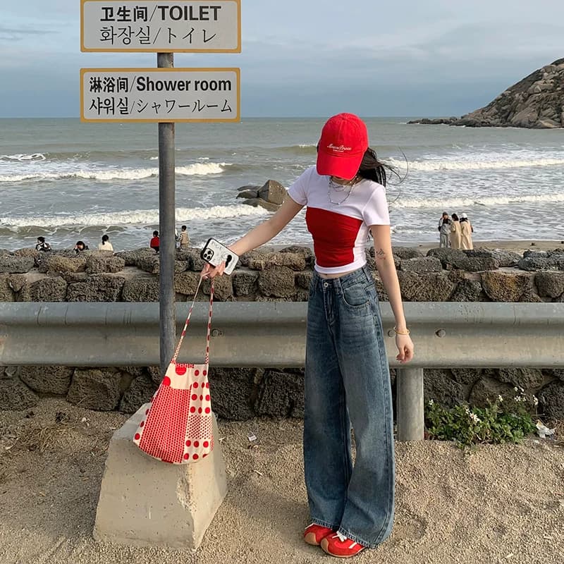 艾恩晟浅蓝色复古宽松阔腿裤慵懒风牛仔裤女2025春秋新款显瘦直筒 - 缩略图2
